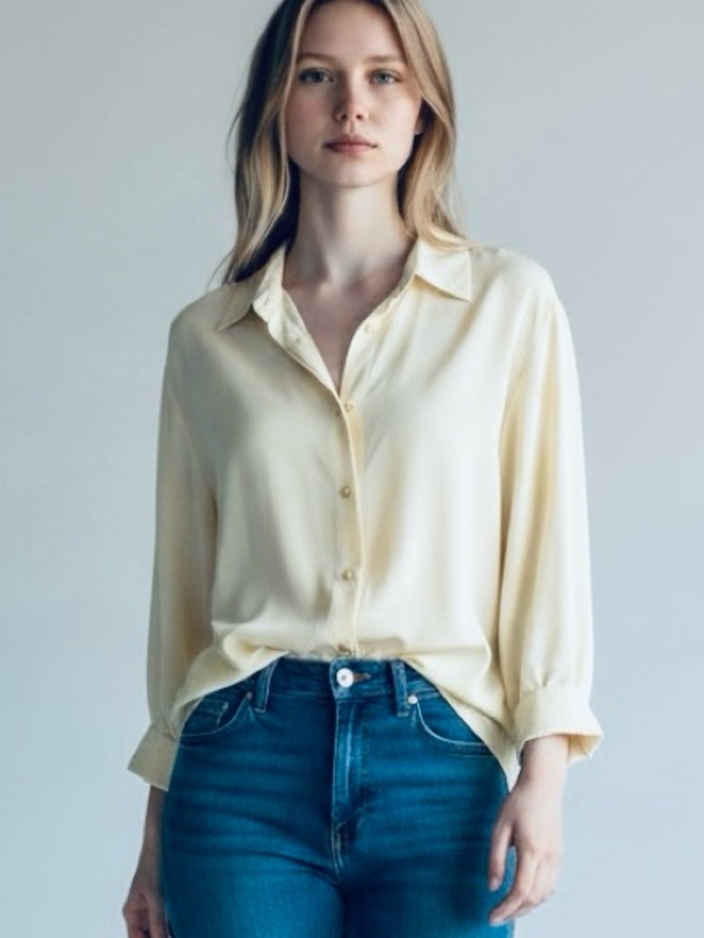 August Silk Cream 100% Silk Blouse Soft Ivory Golden Cute Buttons L